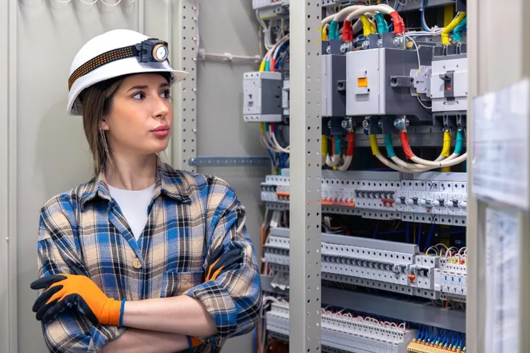 Villamos biztonsági felülvizsgáló szakember elektromos elosztóberendezés mellett