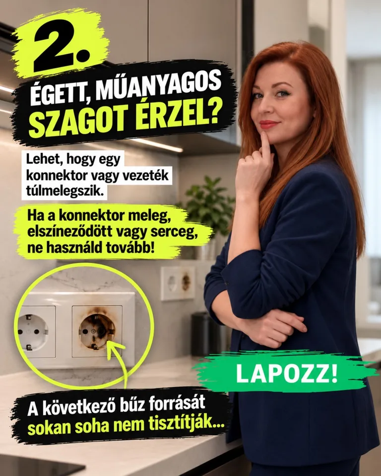 Megégett konnektor és túlmelegedésre utaló égett műanyag szag